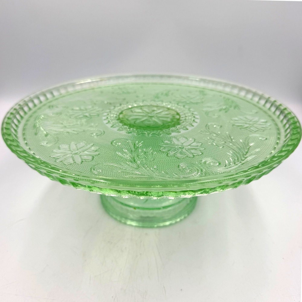 Rare HTF Indiana Glass Tiara Chantilly Green Sandwich Cake Stand UV Glow Vintage
